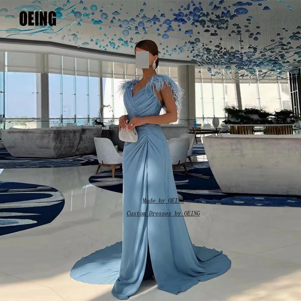 

OEING Dusty Blue V Neck Stretch Feather Evening Dresses Dress Sleeveless Saudi Arabic Formal Night Party Prom Gowns Dress 2023