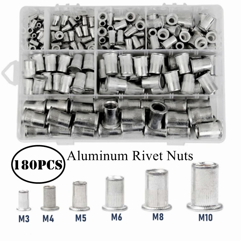 180Pcs Flat Head Aluminum Rivet Nut Kit Rivnut Insert Nutsert Assort M3 M4 M5 M6 M8 M10
180Pcs Flat Head Aluminum Rivet Nut Kit Rivnut Insert Nutsert Assort M3 M4 M5 M6 M8 M10