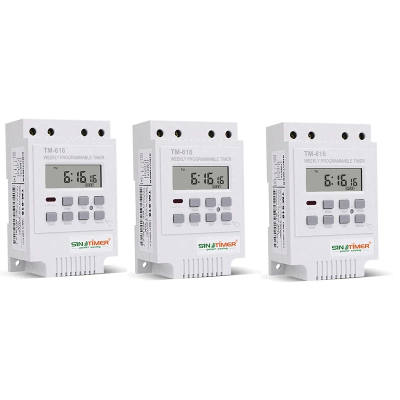 3X SINOTIMER TM616W-2 30A 220V Electronic Weekly Programmable Digital Time Switch Relay Timer Control
3X SINOTIMER TM616W-2 30A 220V Electronic Weekly Programmable Digital Time Switch Relay Timer Control