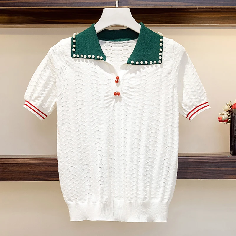 Summer Short Sleeve Knitted Tshirt Women Korean Fashion Beading Tops Turn Down Collar Hollow Out T Shirts Casual Knit Tee Shirt
Summer Short Sleeve Knitted Tshirt Women Korean Fashion Beading Tops Turn Down Collar Hollow Out T Shirts Casual Knit Tee Shirt
