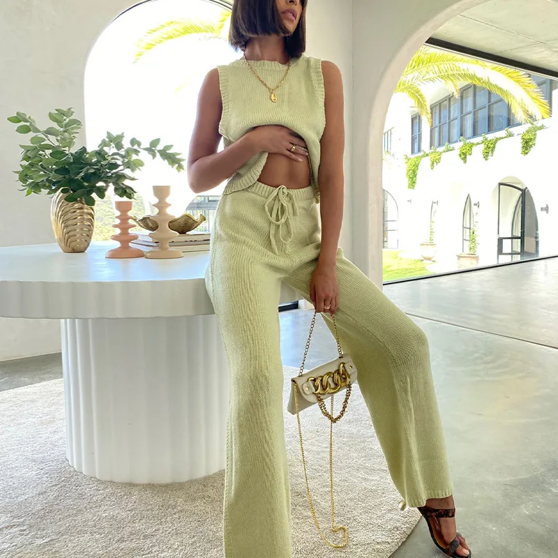 Chic Women Leisure Style Summer Knitted Vest Tank Top and Loose Pnats Elegant Lady Streetwear Two Piece Set Female Outfits 
Chic Women Leisure Style Summer Knitted Vest Tank Top and Loose Pnats Elegant Lady Streetwear Two Piece Set Female Outfits