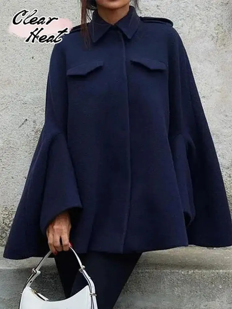 

Элегантная темно-синяя шерстяная куртка для женщин, свободное плотное пальто с отложным воротником и длинным рукавом, Осень-зима 2023, повседневная женская теплая верхняя одежда