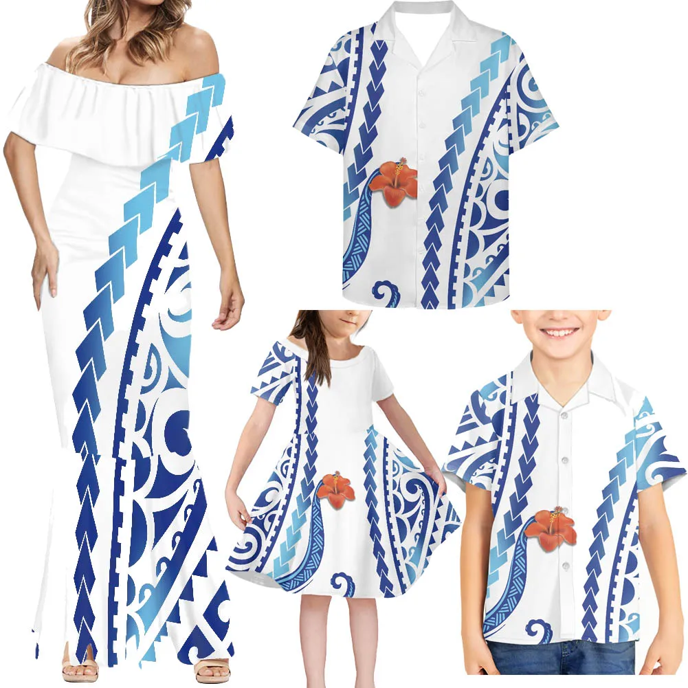 

HYCOOL White Puletasi Style Samoa His And Hers Clothes Matching Couple Outfits Summer Mermaid Dress Women 2022 Mommy And Me Set