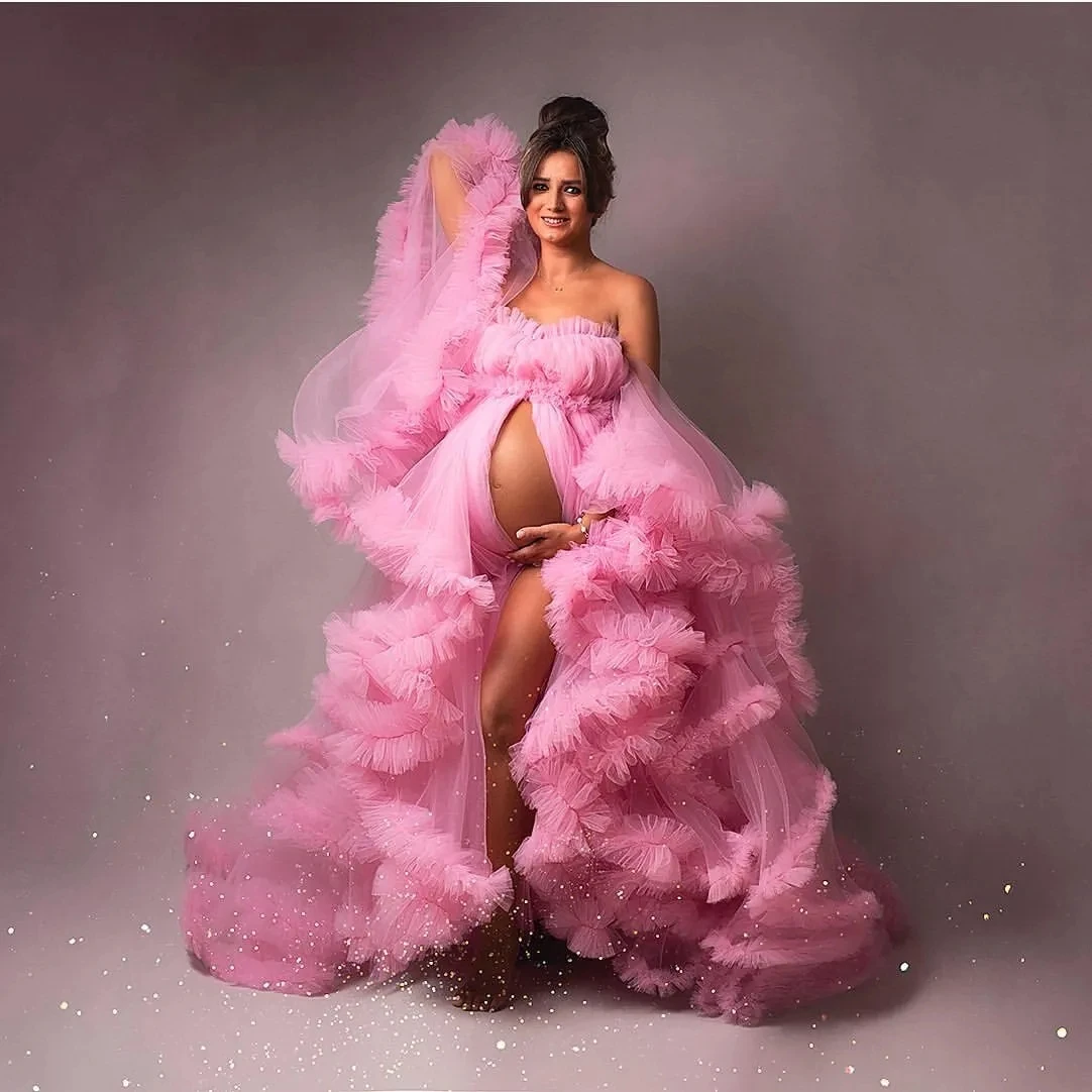 

Красивое Розовое длинное Тюлевое платье для беременных женщин платье-пачка с оборками для фотосъемки платья с высоким разрезом без бретелек платье для будущей мамы