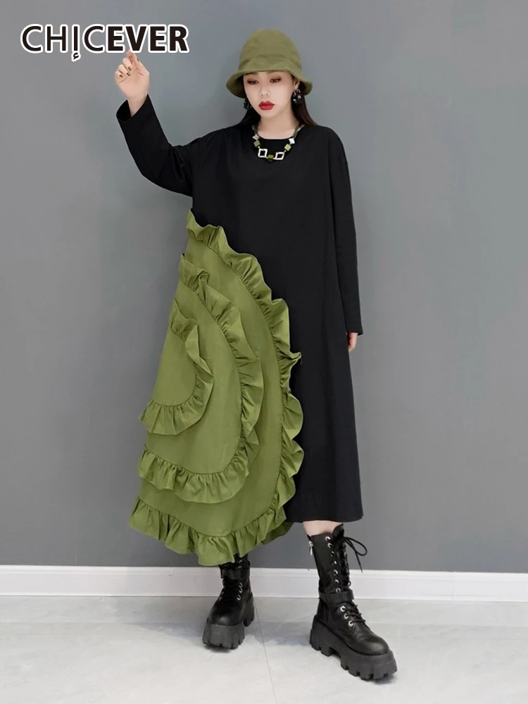CHICEVER Patchwork Ruffles Dresses For Women Round Neck Long Sleeve High Waist Loose Hit Color Fashion Midi Dress Female Spring
CHICEVER Patchwork Ruffles Dresses For Women Round Neck Long Sleeve High Waist Loose Hit Color Fashion Midi Dress Female Spring