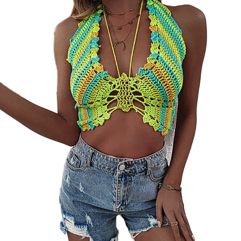 

Women Halter Bandage Sleeveless Knitted Camisole Colorful for Butterfly Crochet Sexy Backless Party Club Crop Top Bralet