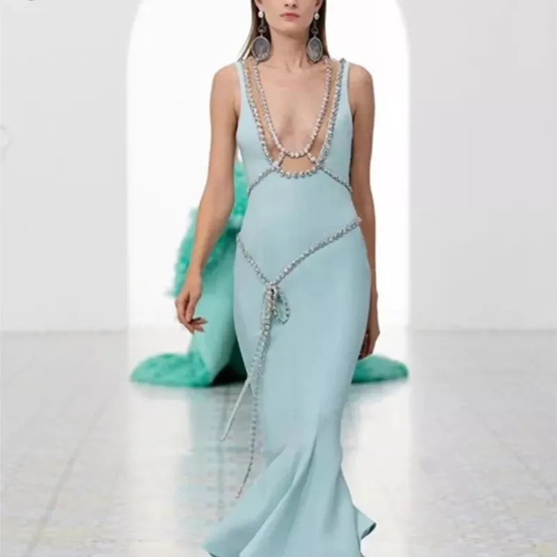 

Женское вечернее платье-русалка, синее облегающее платье с V-образным вырезом, украшенное бисером, для сцены и представлений, 2022