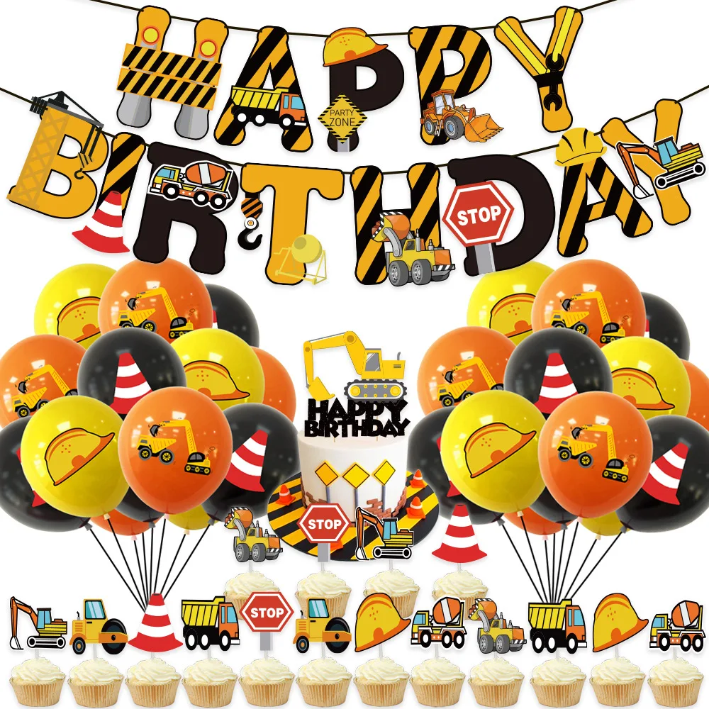 

Engineering Vehicle Birthday Theme Banner Cake Toppers Balloons Set Excavator Banner Party Decoration Kids Birthday Supplies