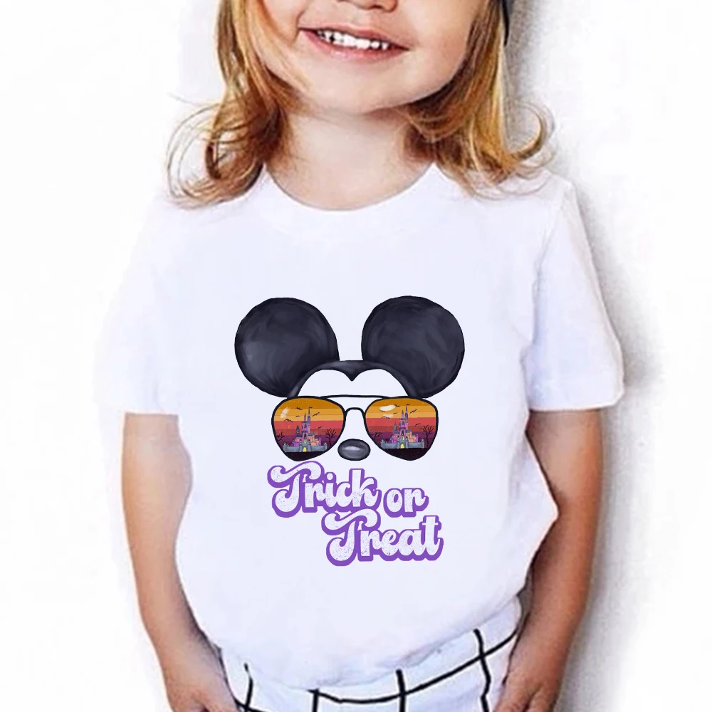 

Disney Baby Girl Boy Harajuku Aesthetic Trick or Treat Mickey Prints Children Tshirt Unisex Kawaii Brothers and Sisters Kids Top