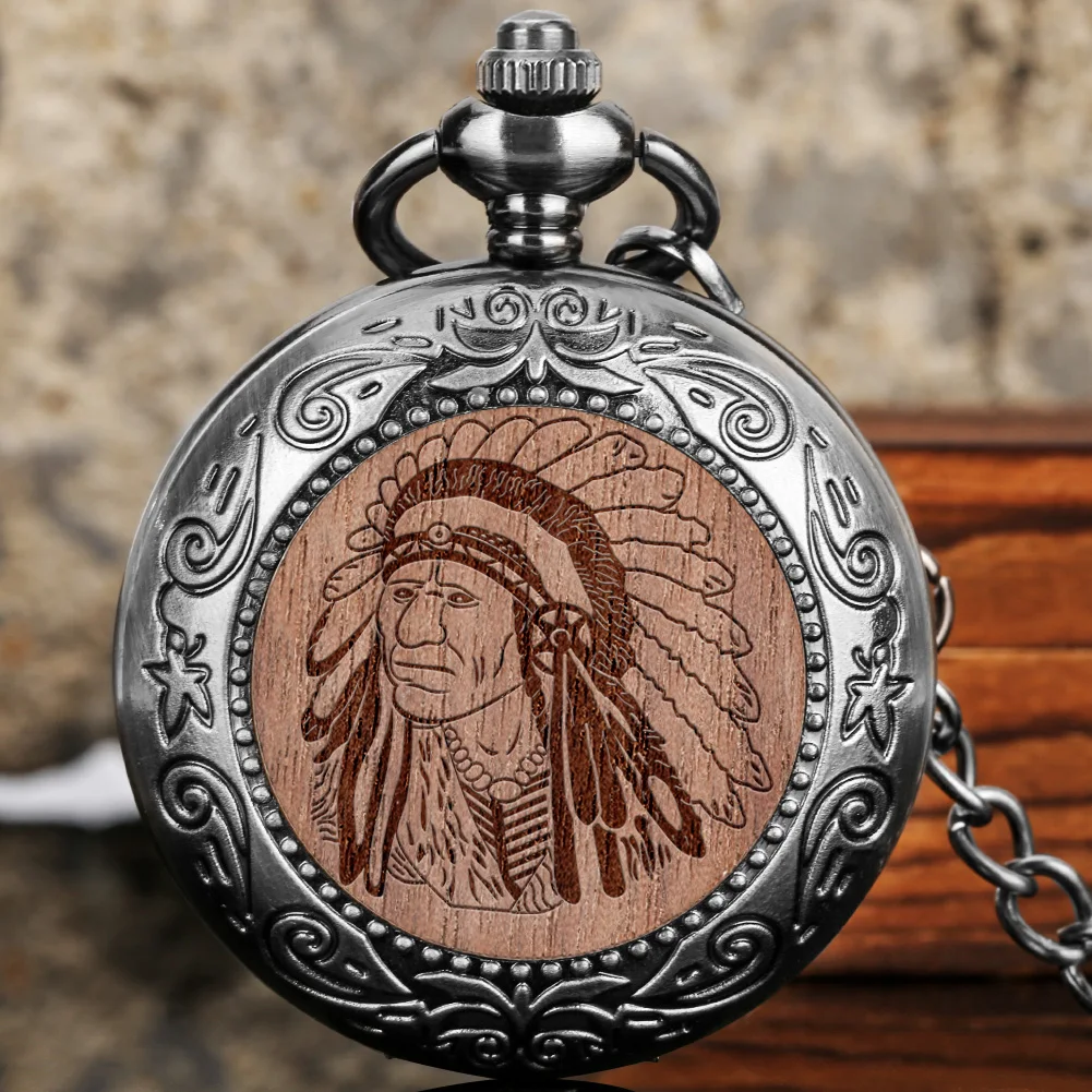 

Creative Vintage Tribal Chief Engraved Wood Quartz Pocket Watch Grey Black Alloy Case Arabic Numerals Dial Full Hunter Pendant