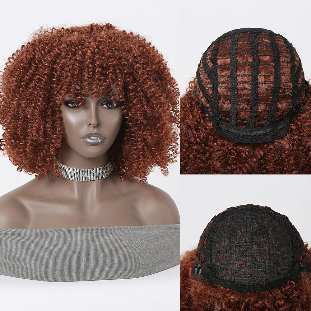 

Reddish Brown Afro Bomb Synthetic Fiber Wig with Bangs Copper Red Short Deep Kinky Curly Wig for Black Women Heat Resistant Hair