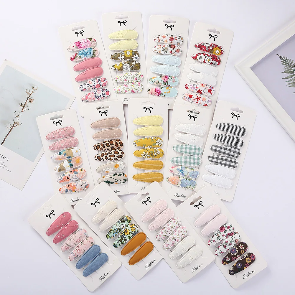 

6Pcs/Lot Ins 5.5cm Flower Print Cotton Alloy Hair Bow Snap Clips Set Fabric Plaid Baby Hairpins Hairgrips Girls Kids Headwear