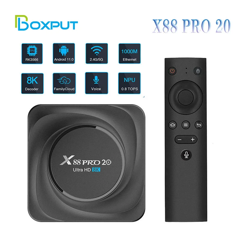 

X88 Pro 20 TV Box Android 11 Rockchip RK3566 8GB RAM 128GB ROM Smart TV Box 8K 2.4G 5.8G WIFI Google Voice Control Set Top Box