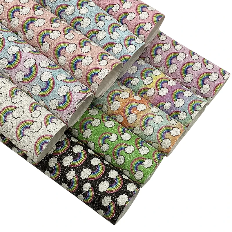 Rainbow Cloud Pattern Printed Matte Chunky Glitter Faux Leather Fabric for Making Shoe/Bag/DIY Accessories/Decorative
Rainbow Cloud Pattern Printed Matte Chunky Glitter Faux Leather Fabric for Making Shoe/Bag/DIY Accessories/Decorative