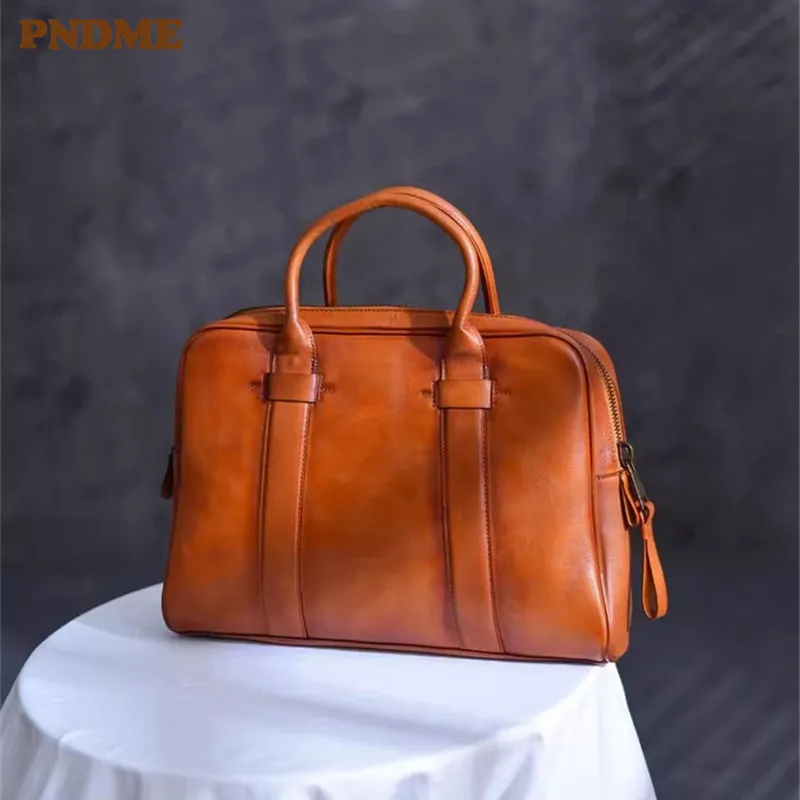 

PNDME vintage luxury genuine leather men's briefcase business casual handmade natural real cowhide lawyer work computer handbag