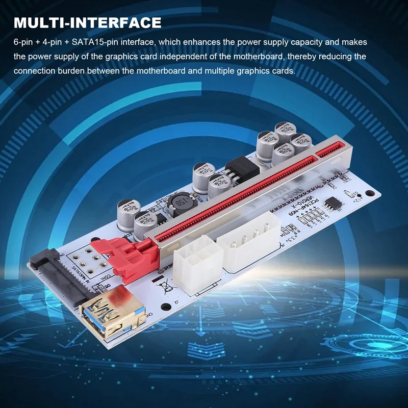 VER010-X майнинговая карта Riser, PCI-E 1X до 16X карта адаптера, 6PIN / 4PIN / SATA интерфейс, для биткоина, для майнинга ETH 
VER010-X майнинговая карта Riser, PCI-E 1X до 16X карта адаптера, 6PIN / 4PIN / SATA интерфейс, для биткоина, для майнинга ETH