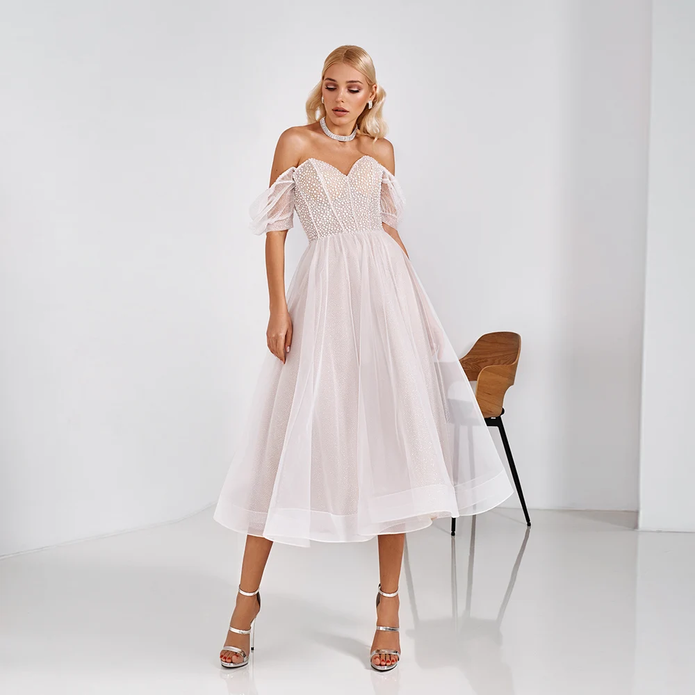 Vintage Short Tulle Wedding Dress For Woman Off Shoulder Shine Tea Length Princess Bridal Gown Sweetherat Neck Lace Up Vestidos
Vintage Short Tulle Wedding Dress For Woman Off Shoulder Shine Tea Length Princess Bridal Gown Sweetherat Neck Lace Up Vestidos