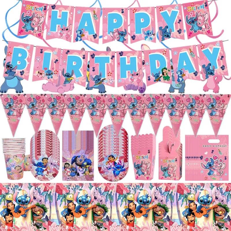 

New Disney Stitch Theme Girls Birthday Party Supplies Cartoon Pink Angel Tableware Cup Plate Napkin Baby Shower DIY Party Decors