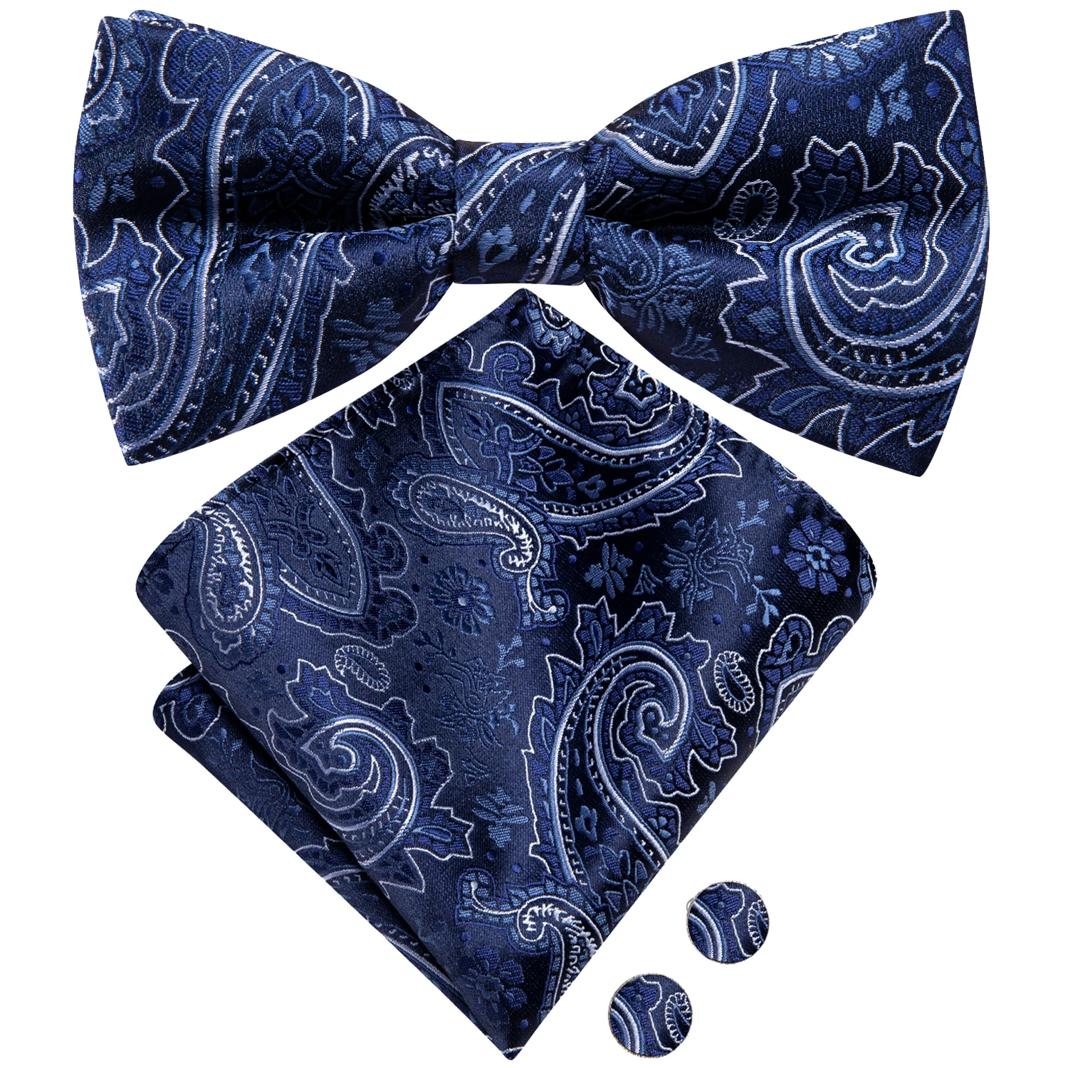 Hi-Tie Navy Blue Mens Bow Tie Pocket Square Cufflinks Set Pre-tied Silk Butterfly Knot Bowtie for Male Wedding Business Party
Hi-Tie Navy Blue Mens Bow Tie Pocket Square Cufflinks Set Pre-tied Silk Butterfly Knot Bowtie for Male Wedding Business Party