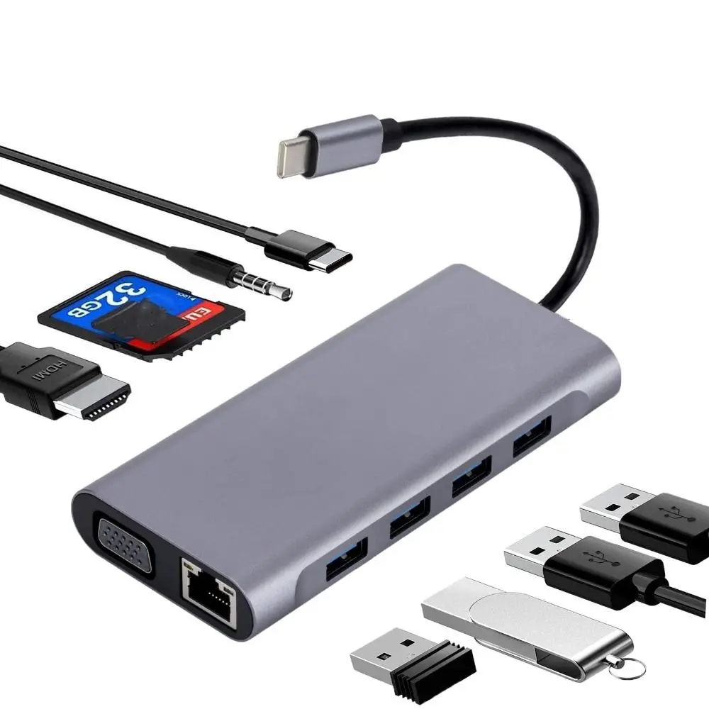 

USB To HDMI Type-c Docking Station 100M 11 in 1 Silver Grey 11 in 1 Expander Hub VGA+PD Rj45 Multi-port Hub DP Alt Mode