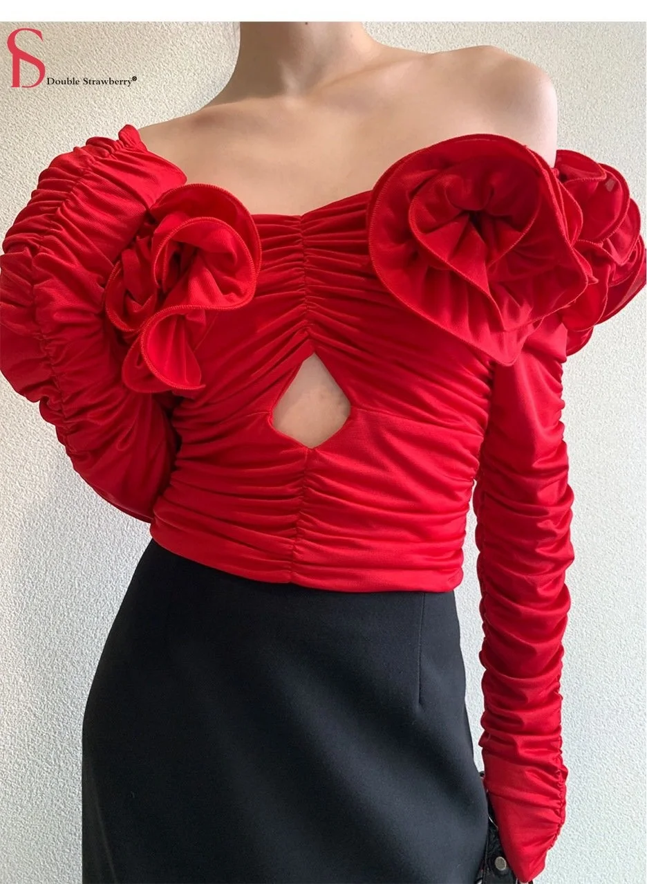 Flower Pleated Rose One Slim Tshrit Top Women's Hollow Long Sleeve Off Shoulder Tee Female
Flower Pleated Rose One Slim Tshrit Top Women's Hollow Long Sleeve Off Shoulder Tee Female
