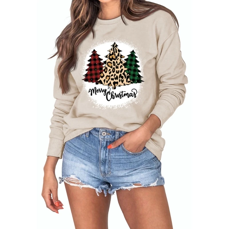 

Женский свитшот с рисунком на Рождество, Повседневный пуловер в клетку с длинным рукавом, круглым вырезом и леопардовым принтом деревьев, праздничная рубашка