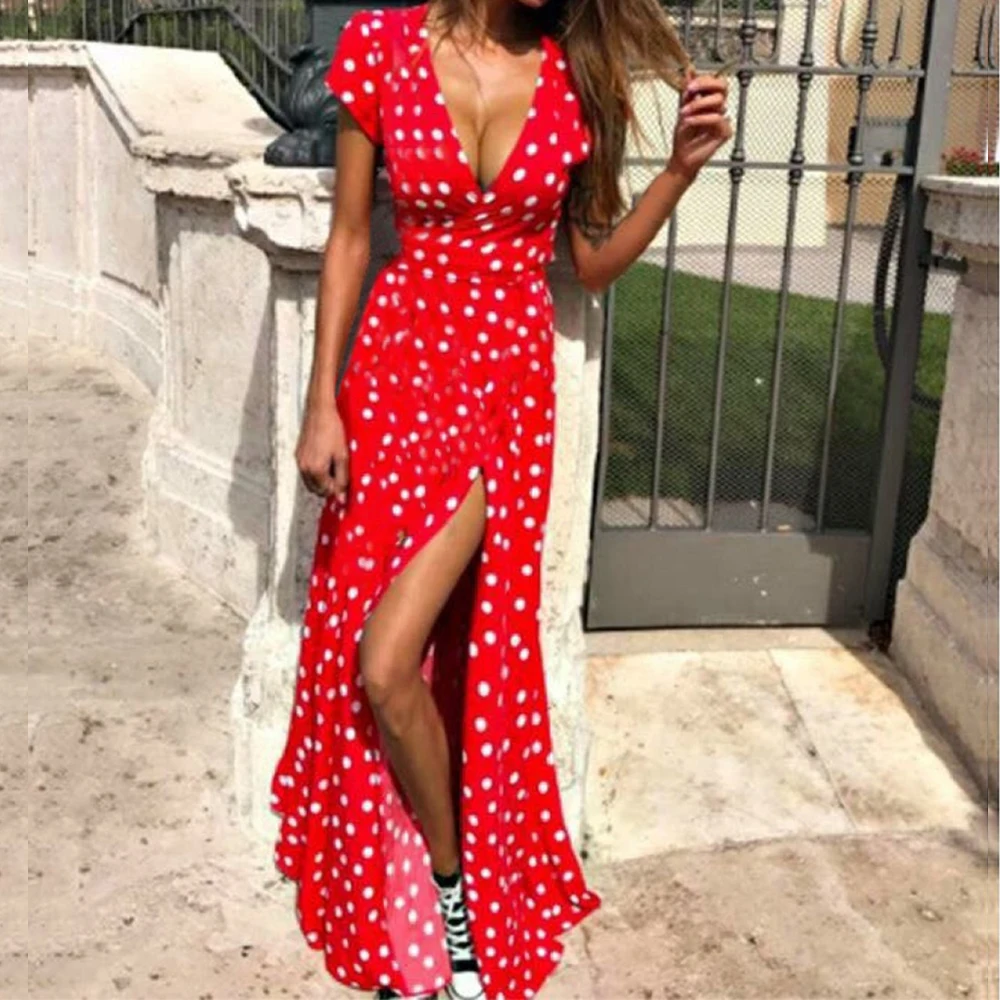 Women Polka Dot High Split Dress Summer Sexy V-neck Beach Boho Dress Short Sleeve Sashes Maxi Long Dresses Plus Size
Women Polka Dot High Split Dress Summer Sexy V-neck Beach Boho Dress Short Sleeve Sashes Maxi Long Dresses Plus Size