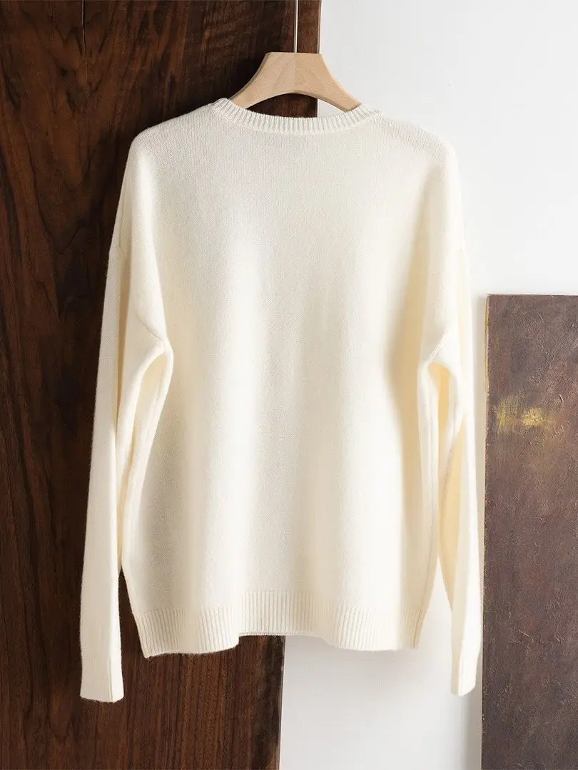 

Женский трикотажный пуловер с бусинами, универсальный Повседневный свитер 4 цветов с круглым вырезом, 2023 кашемир, осень 100%
