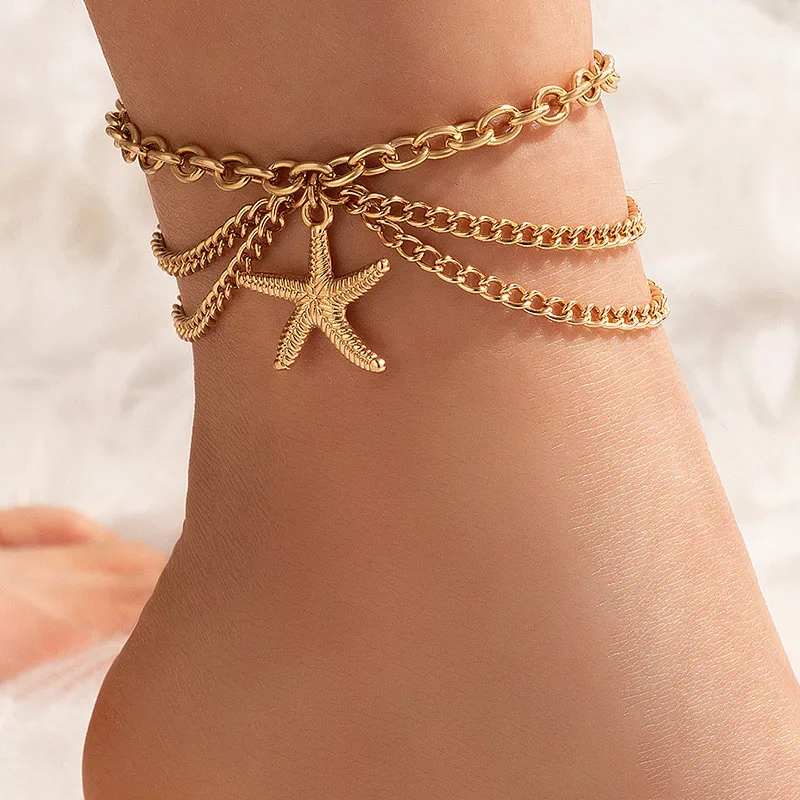 

WUKALO Gold Color Multi-Layer Starfish Shell Snake Heart Bracelets Anklets for Women Beach Jewelry Boho Anklet Chain Accessories