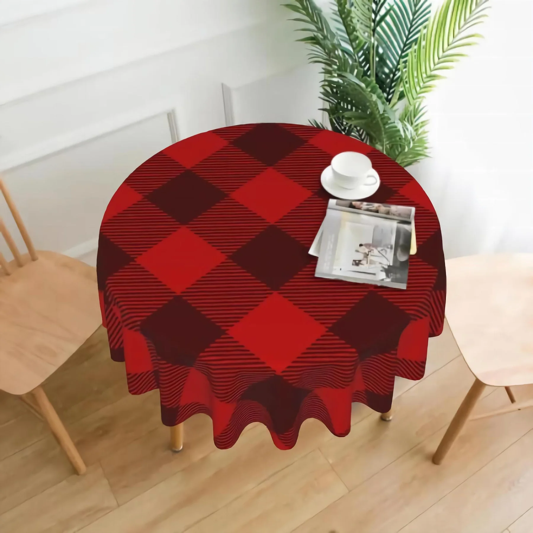 

Tartan Check Plaid Red Black Round Table Cloth Waterproof Resistant Wrinkle And Washable Table Cover 150 CM Diameter