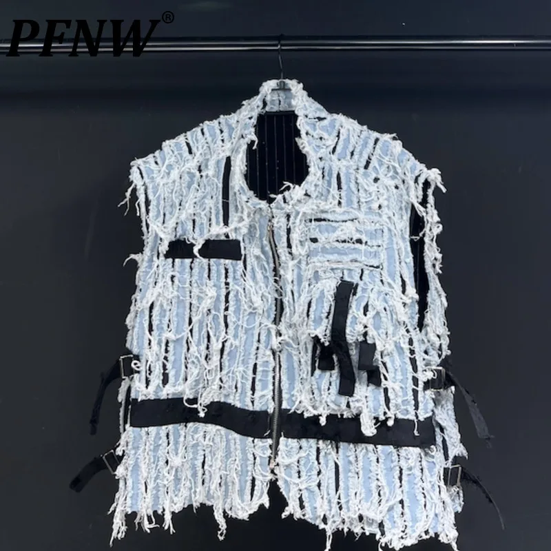 

PFNW Spring Summer New Men's Loose Denim Vest Stripe Spliced High Street Sleeveless Casual Raw Edge Handsome Trend Coat 28A2740