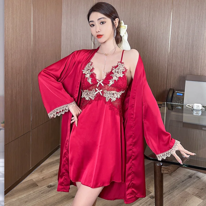 

Perspective Lace Bride Bridesmaid Wedding Robe Set Casual Women Sleepwear Bathrobe Gown Short Satin Homewear Intimate Lingerie