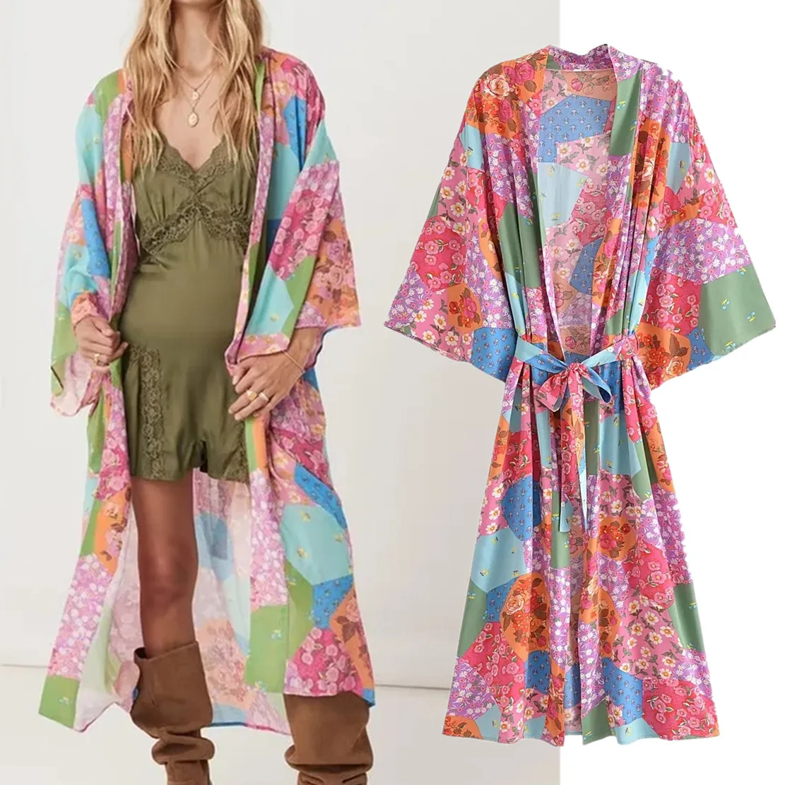 

Maxdutti Flare Sleeve Loose Sashes Kimono Shirt Jacket Women Indie Folk Vintage Tropical Floral Print Jacket