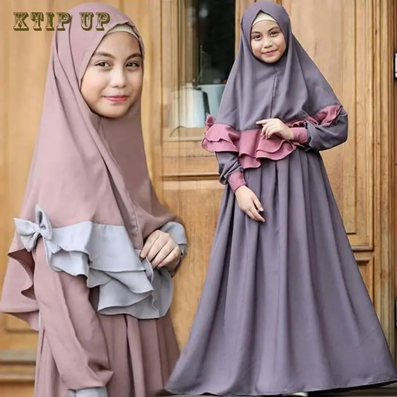 

Muslim Kids Girls Prayer Dress Hijab Abaya Robe Arab Dubai Children Ramadan Kaftan Headscarf Islamic Eid Party Gown Jilbab Burqa