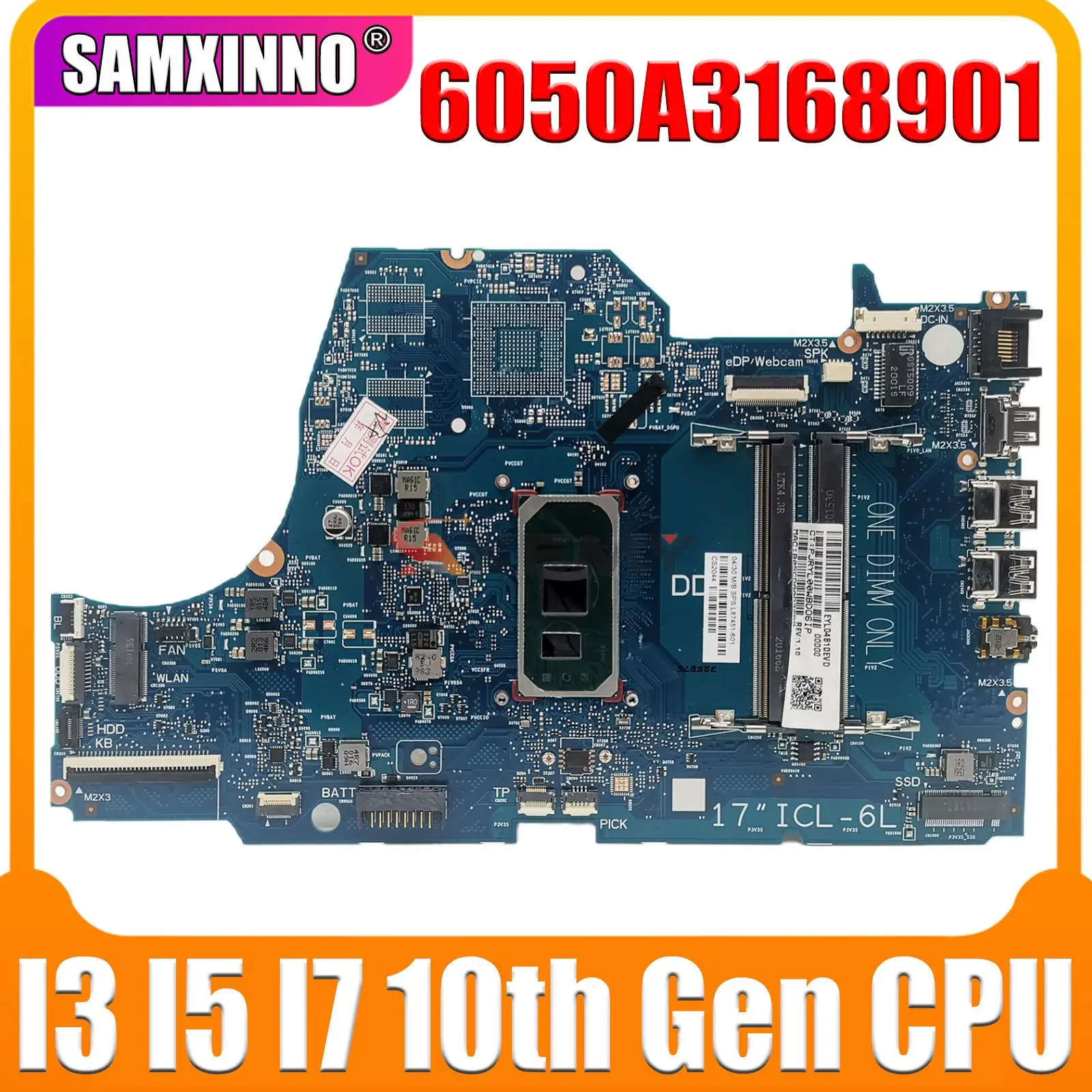 

For HP 17-BY SERIES INTEL CORE I3 I5 I7 10th Gen CPU LAPTOP PC MOTHERBOARD L87451-001 DDR4 6050A3168901 L87451-501/601 Mainboard