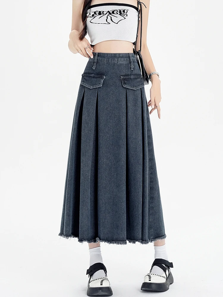 

Ailegogo Streetwear Women Vintage High Waist Raw Hem Long Denim Skirt Spring Summer Female A-line Frayed Jeans Skirts Bottoms