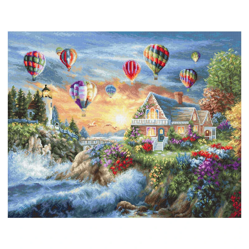 

Amishop Top Quality Lovely Counted Cross Stitch Kits Balloons Over Sunset Cove Seaside Cliff Chalet Landscape Luca-S-B614