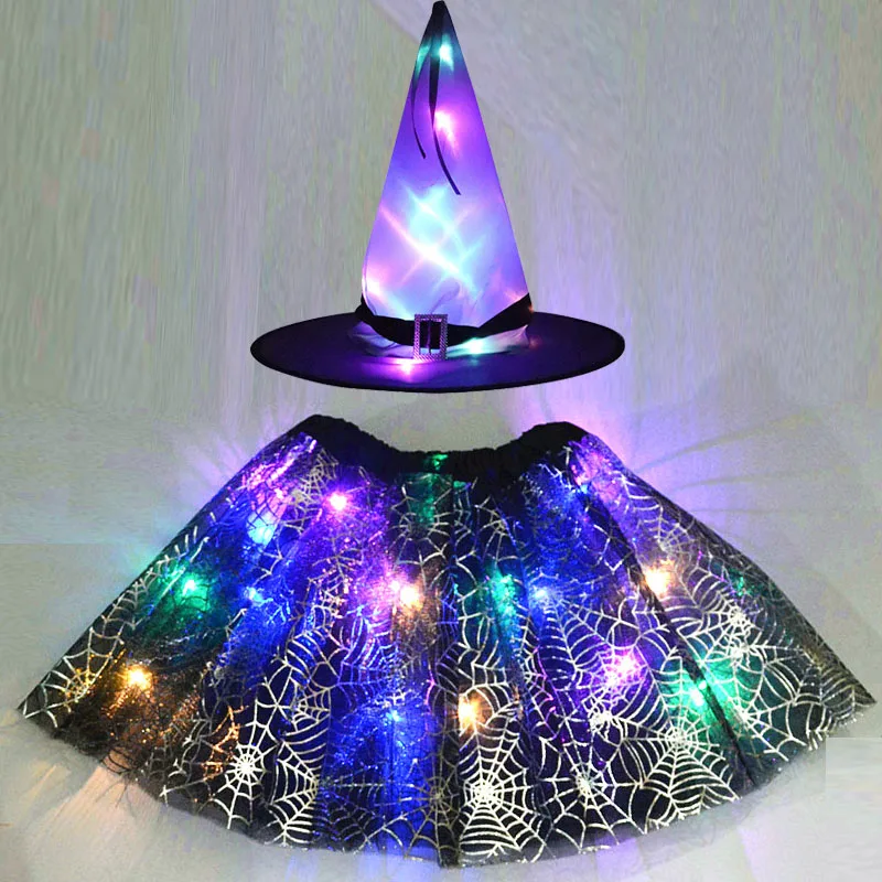 

Adult Kids Light Up Witch Hat Spider Web Tutu Cobweb Skirt Party LED Fancy Dress Costume Magic Wand Bat Cloak Festival Halloween