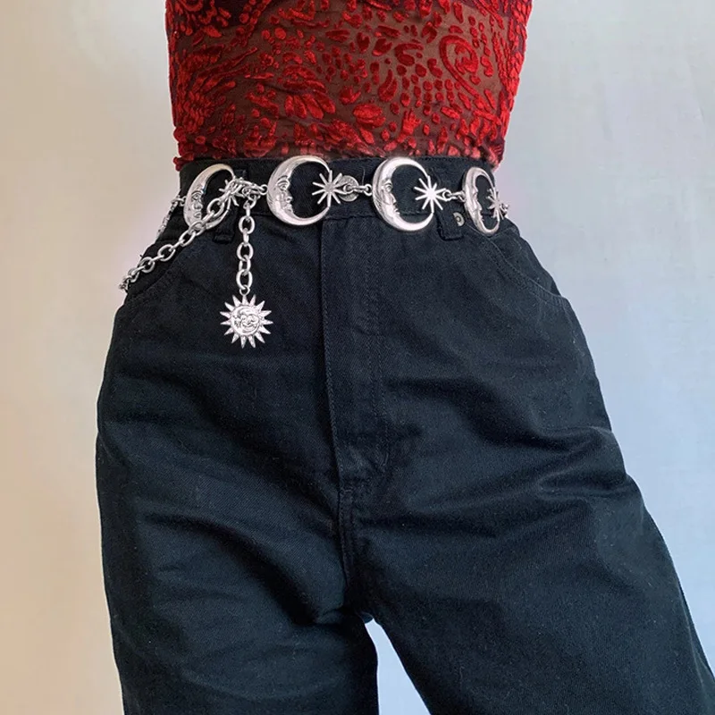 Hot Fashion Punk Moon Sun Metal Belt Women Vintage High Waist Chain Waist Belts Gothic Sliver Pendant Belts Female Best Gift
Hot Fashion Punk Moon Sun Metal Belt Women Vintage High Waist Chain Waist Belts Gothic Sliver Pendant Belts Female Best Gift