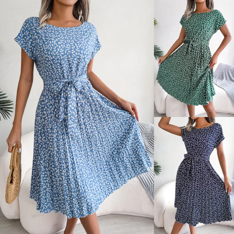 

Woen Floral Pleated Dress Suer Casual O-Neck Short Sleeve Ruched Bandage idi Dresses Feale Beach Boho Chic A Line Dresses