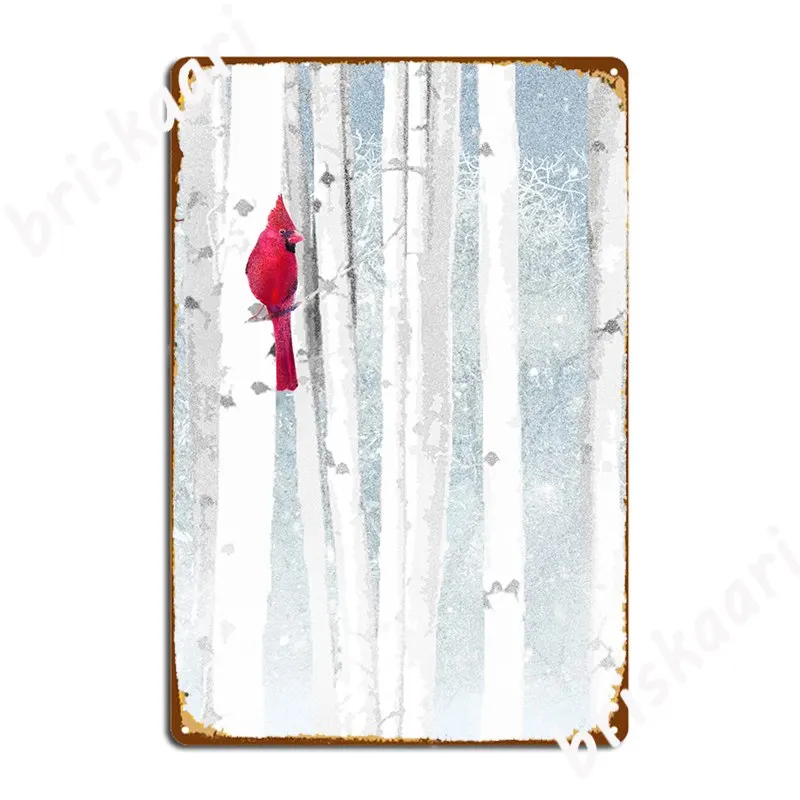 

Watercolor Red Cardinal Bird Winter Birch Forest Metal Sign Decoration Plaques Kitchen Club Party Tin Sign Poster