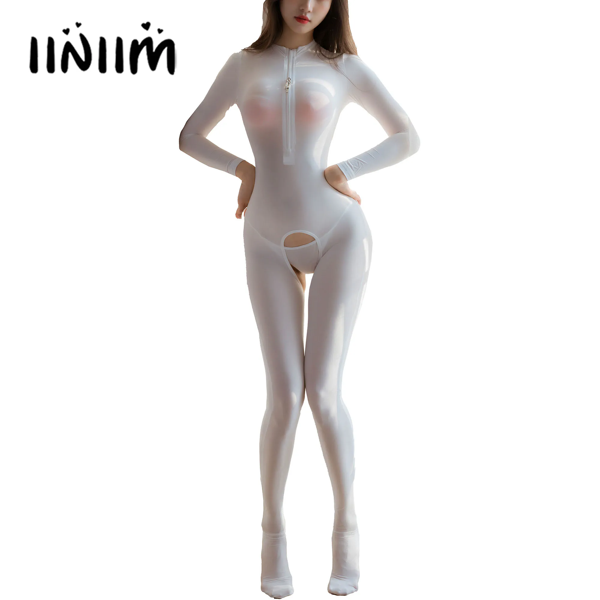 Womens Lingerie Zipper Stand Collar Crotchless Bodystocking Nightwear Long Sleeve Semi See Through Sexy Bodysuit with G-string
Womens Lingerie Zipper Stand Collar Crotchless Bodystocking Nightwear Long Sleeve Semi See Through Sexy Bodysuit with G-string