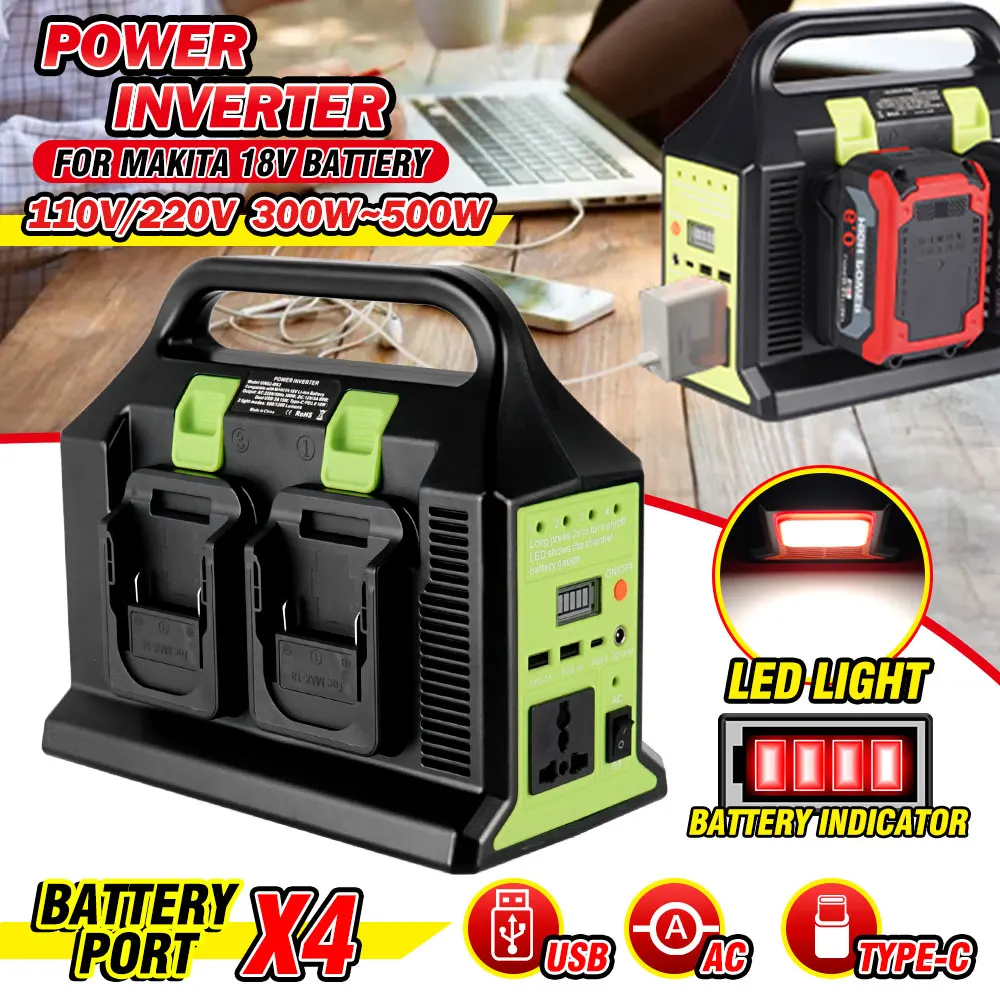 300W 4Dual Sine Wave Inverter For Makita 18v Battery To AC 110V/220V USB PD3.0 Tpye-C Power Bank Converter with Led Light
300W 4Dual Sine Wave Inverter For Makita 18v Battery To AC 110V/220V USB PD3.0 Tpye-C Power Bank Converter with Led Light