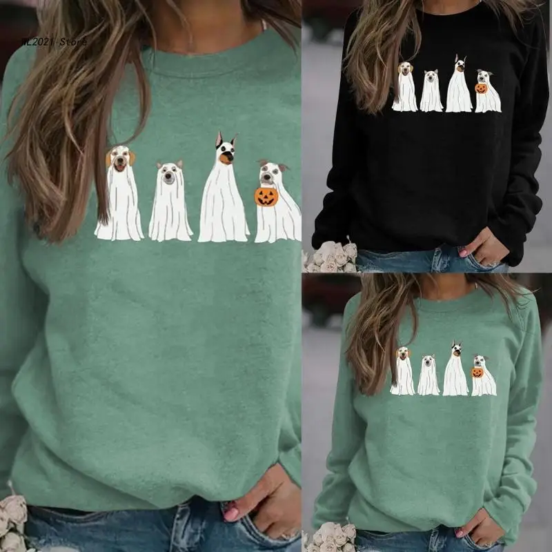 Женская толстовка на Хэллоуин с круглым вырезом, смешные рубашки с принтом призрака собаки
Женская толстовка на Хэллоуин с круглым вырезом, смешные рубашки с принтом призрака собаки