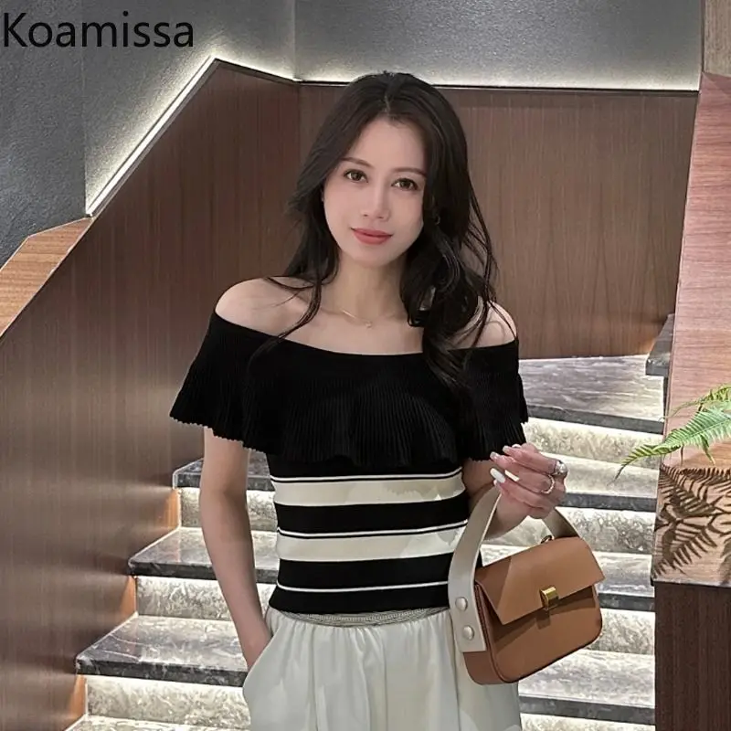 Koamissa Fashion Women Sexy Slash Neck Knitted Pullovers Lady Short Sleeves Striped Tshirt All Match Slim Cropped Tops De Mujer
Koamissa Fashion Women Sexy Slash Neck Knitted Pullovers Lady Short Sleeves Striped Tshirt All Match Slim Cropped Tops De Mujer
