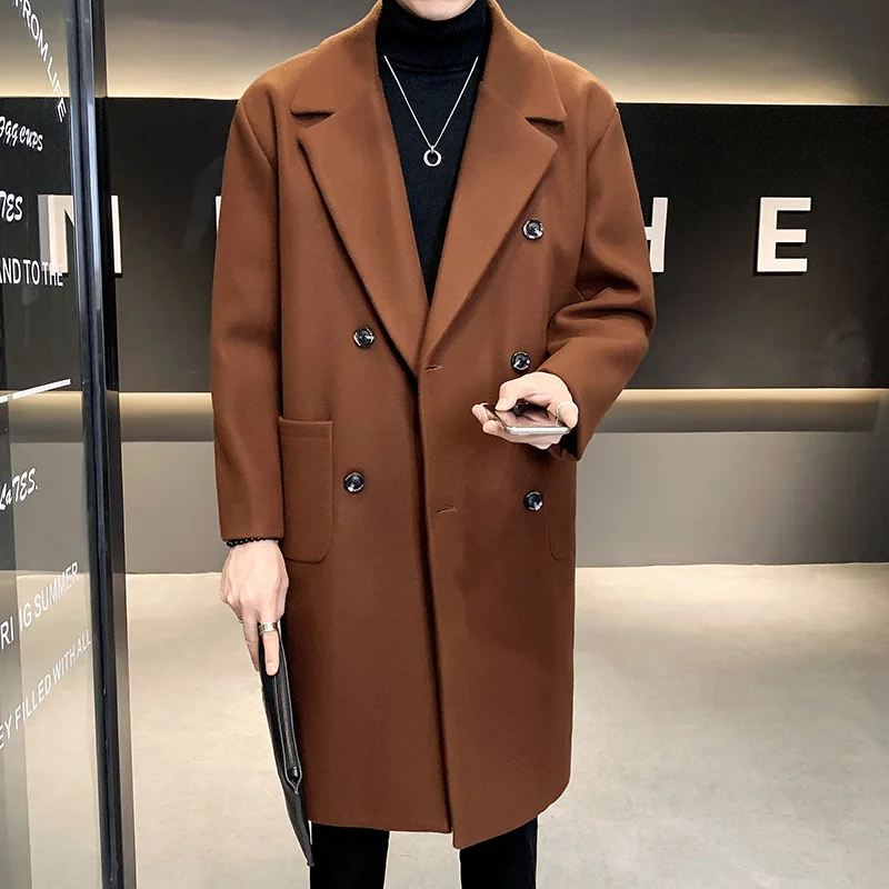 

Мужское шерстяное пальто средней длины, черное утепленное двубортное пальто в Корейском стиле с длинными рукавами, модель 3XL на осень и зиму, 2022