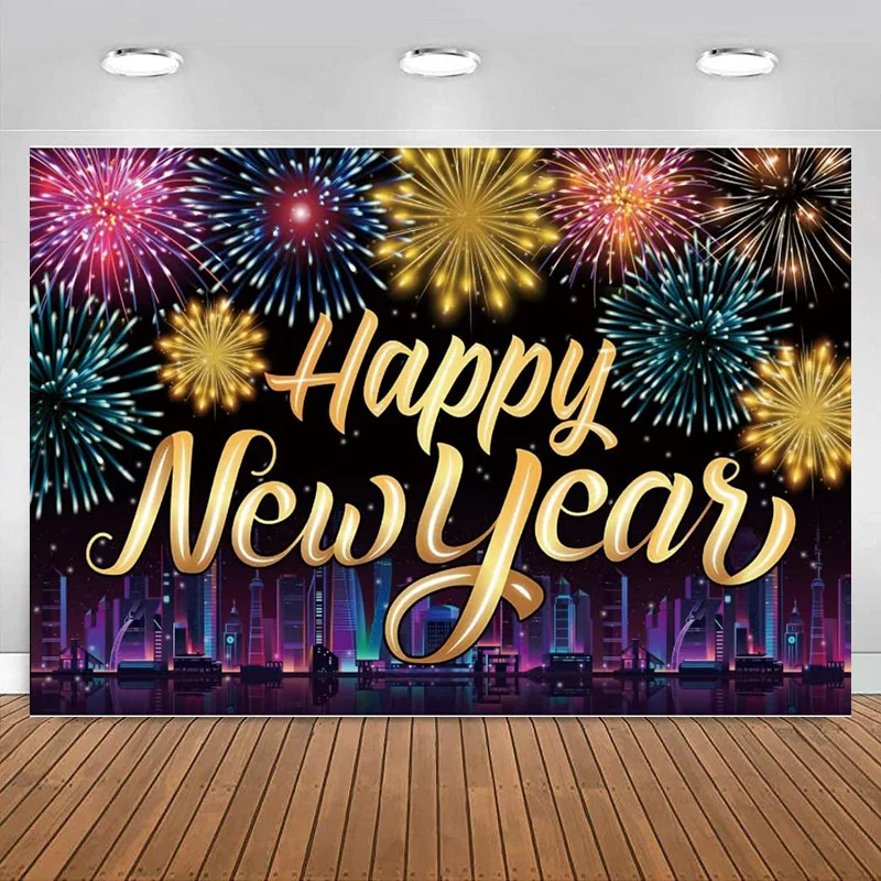 

Happy New Year Backdrop Eve Party Gold Glitter Bokeh Fireworks Champagne Photography Banner Decoration Background Family Props