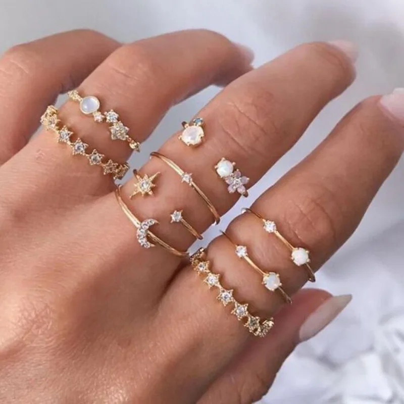 10pcs Bohemia Shiny Zircon Moon Star Ring Set for Women Vintage Trendy Gold Color Alloy Geometric Chain Retro Ring Set Jewelry
10pcs Bohemia Shiny Zircon Moon Star Ring Set for Women Vintage Trendy Gold Color Alloy Geometric Chain Retro Ring Set Jewelry