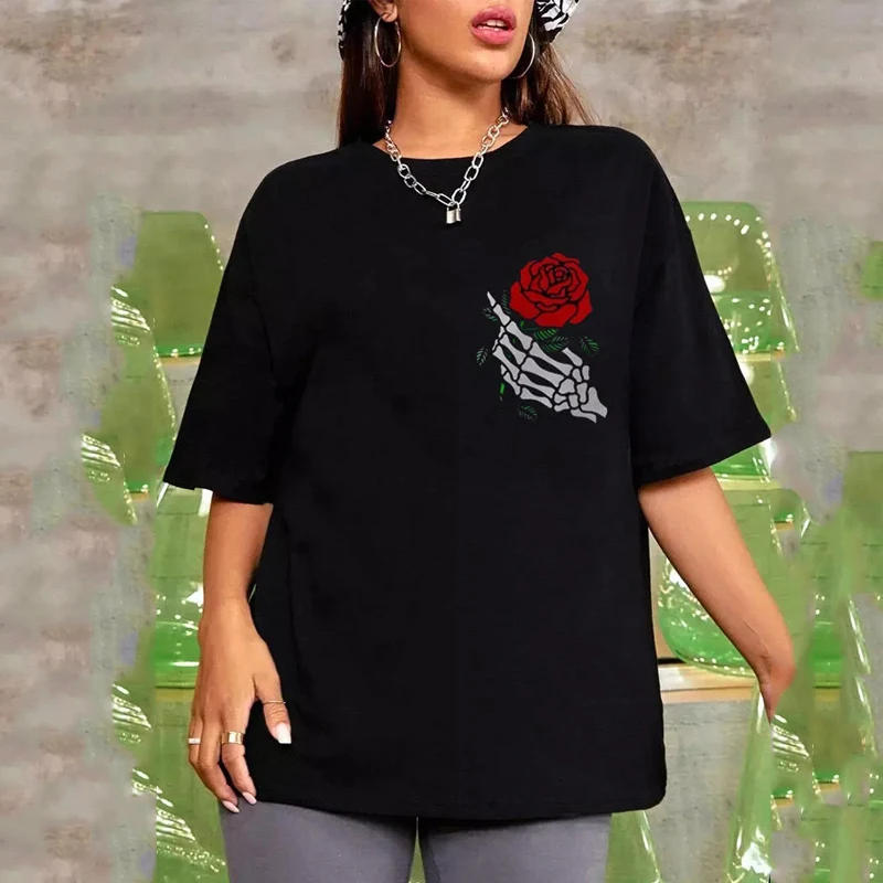2022 New Plus Size S-5XL Rose Skeleton Print Black Women's Short Sleeve Casual O-neck Short Sleeve Loose Top Dropshipping Goth
2022 New Plus Size S-5XL Rose Skeleton Print Black Women's Short Sleeve Casual O-neck Short Sleeve Loose Top Dropshipping Goth