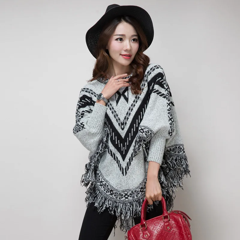 

Осенне-зимний новый свитер-накидка в Корейском стиле, Женская шаль, накидка с кисточками, теплое ветрозащитное пончо, женские накидки, Вязан...
